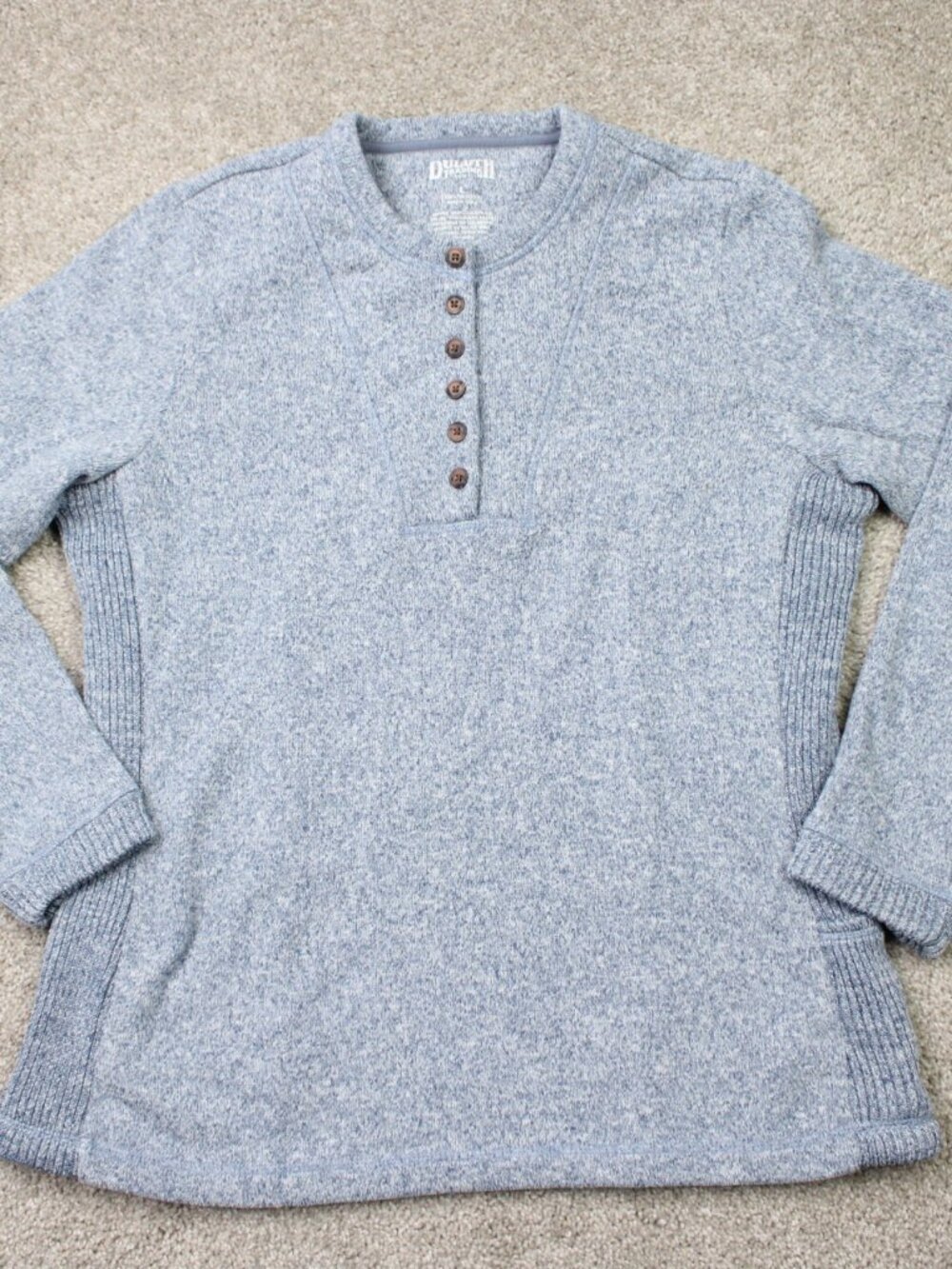 Duluth Trading Sweatshirt Womens Large Blue Henley Waffle-Knit Poly Long Sleeve